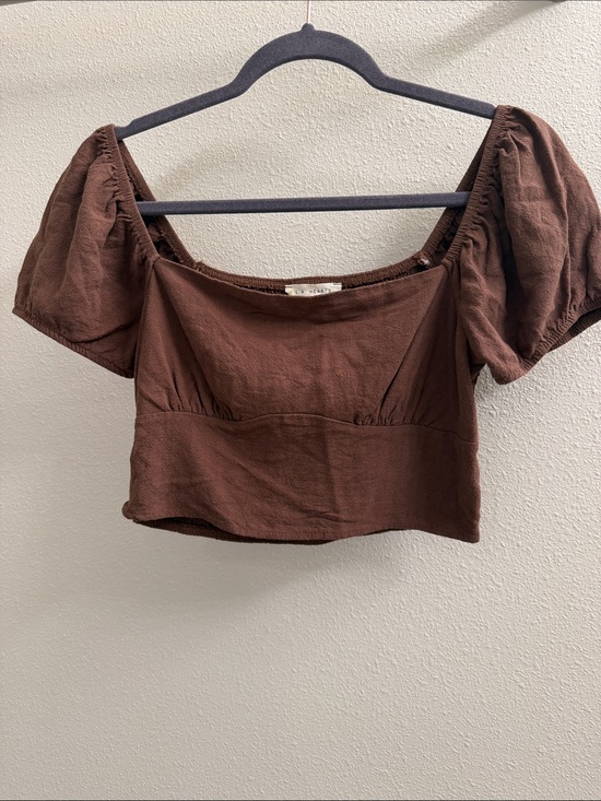 La Hearts Tops - La Hearts Brown Square Neck Puff Sleeve Crop Top